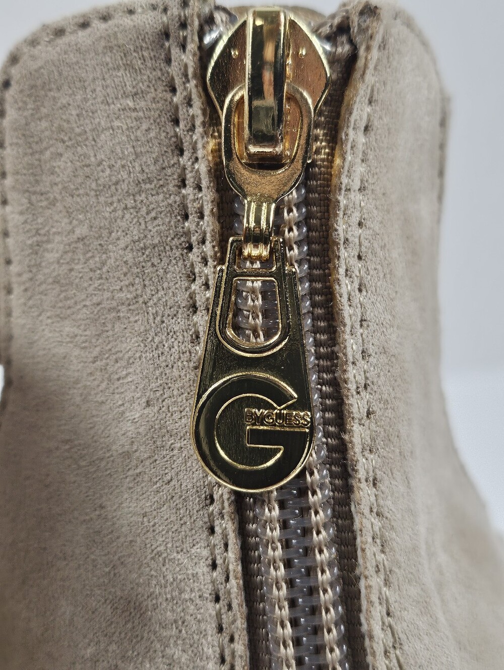 G By Guess Sirrah Beige Taupe Faux Suede Cross Strap Woodgrain Platform Sandal - Picture 9 of 16